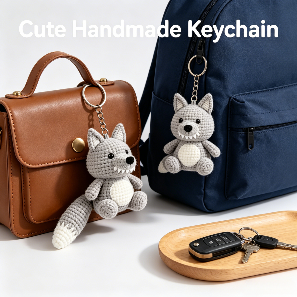 Beginner Friendly Wolf Keychain Crochet Kit, Cute Mini Wolf Amigurumi Crochet Starter Kit with Yarn, Hook, Needle & Accessories, Complete DIY Craft Set with Tutorial for Adults & Kids, Perfect Bag Charm & Handmade Gift