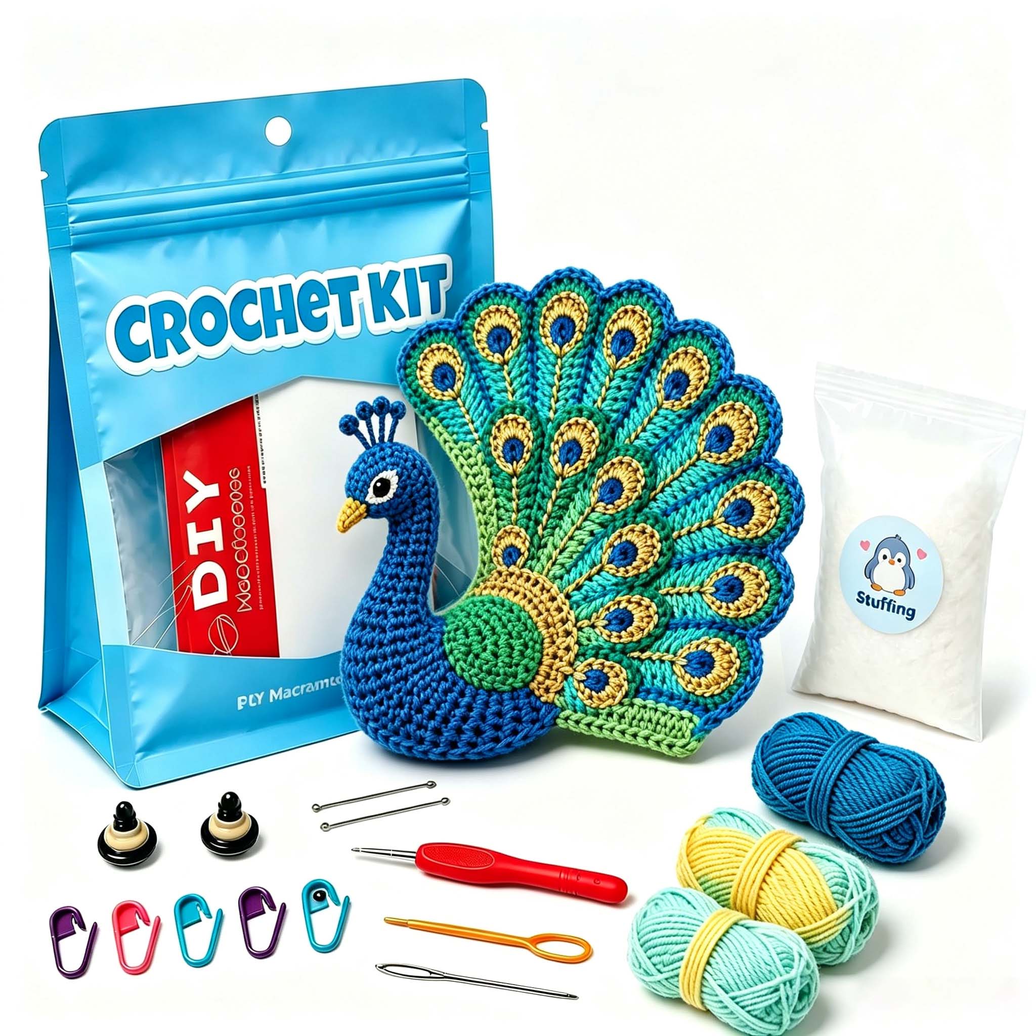 Crochet Kit for Beginners, DIY Peacock Amigurumi Crochet Kit with Step-by-Step Instructions, Complete Starter Kit with Yarn, Hooks & Accessories for Adults Kids, Handmade Craft Gift