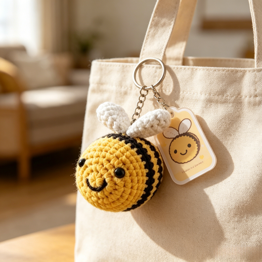 Beginner Friendly Bee Keychain Crochet Kit, Cute Mini Bee Amigurumi Crochet Starter Kit with Yarn, Hook, Needle & Accessories, Complete DIY Craft Set with Tutorial for Adults & Kids, Perfect Bag Charm & Handmade Gift