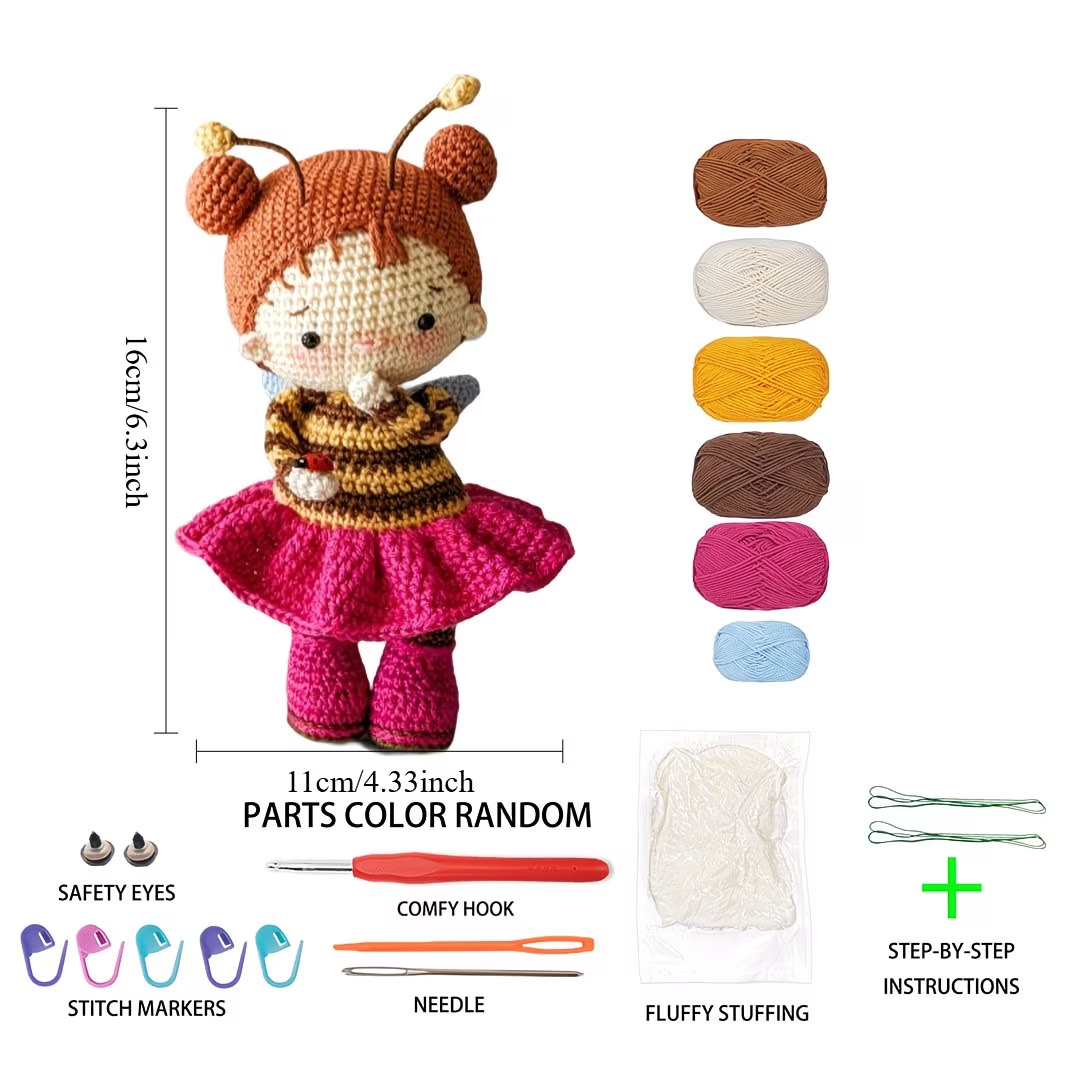 Cute Bee Girl Crochet Plush Kit for Beginners | DIY Amigurumi Stuffed Doll Set with Yarn, Hook & Step-by-Step Tutorial | Sweet Handmade Gift for Craft Lovers