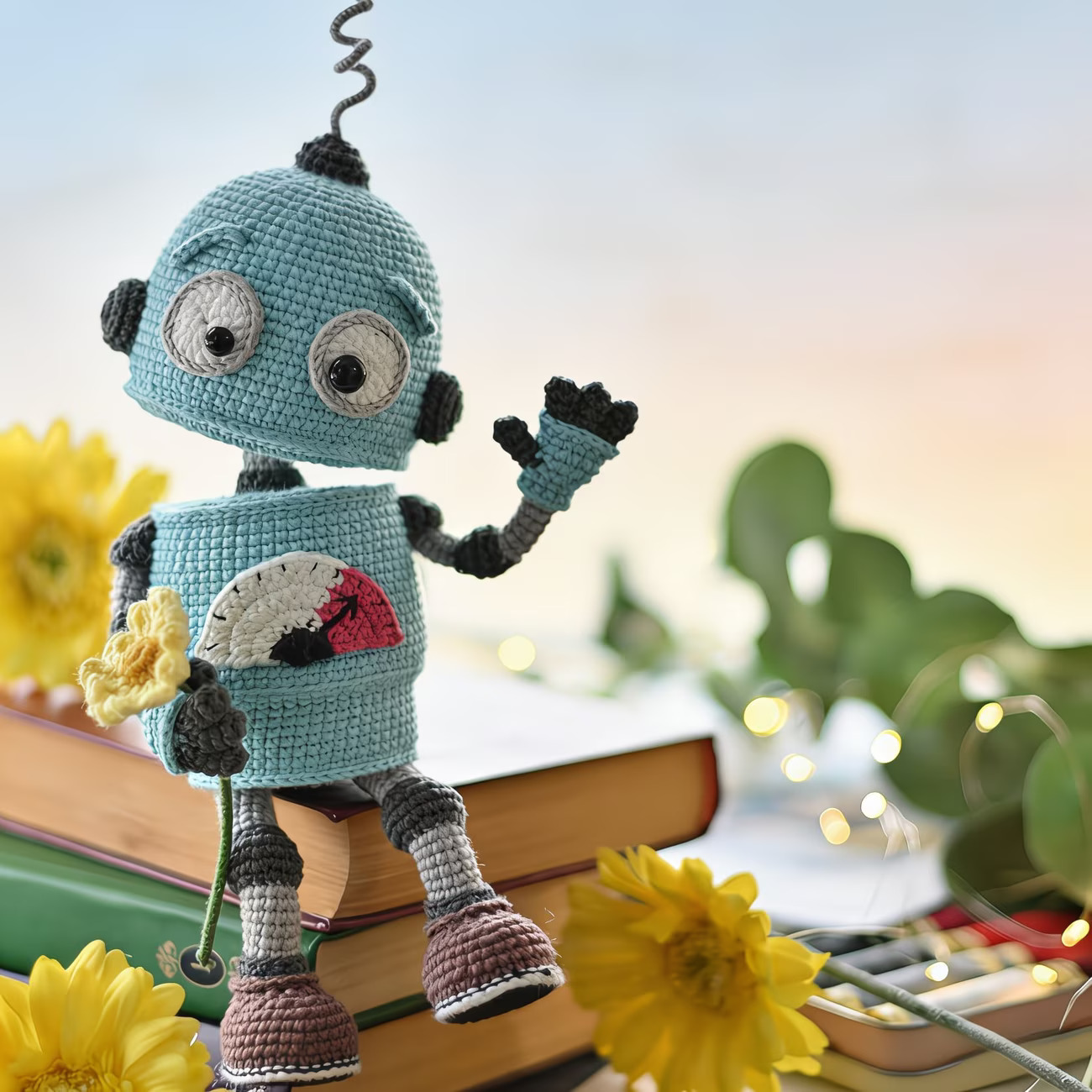 Heart Antenna Robot Crochet Kit – Beginner Amigurumi DIY Set with Yarn & Instructions for Keychains & Gifts