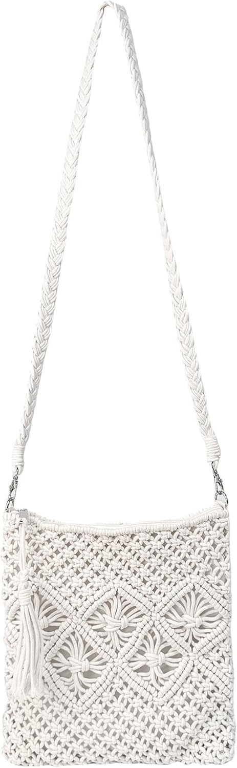 Handmade Crochet Purse Boho Cotton Rope Crossbody Shoulder Bag with Tassel Casual Bag for Women