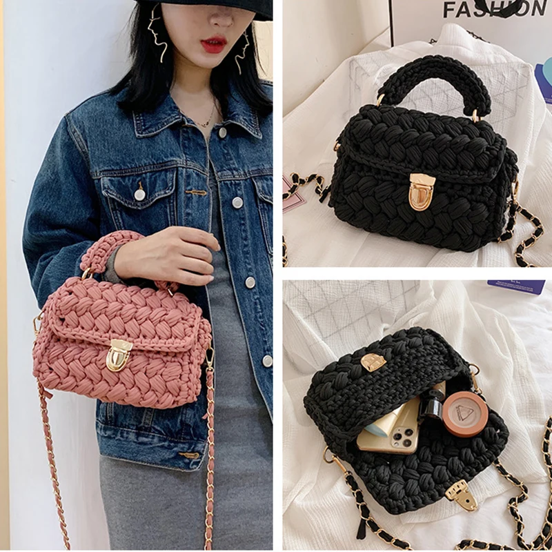 DIY Hand Crochet Bag Materials Kit Handmade Bag Shoulder Bags Weave Handbag Knitting Yarn Cloth Fabric Set Small Flip Wallet