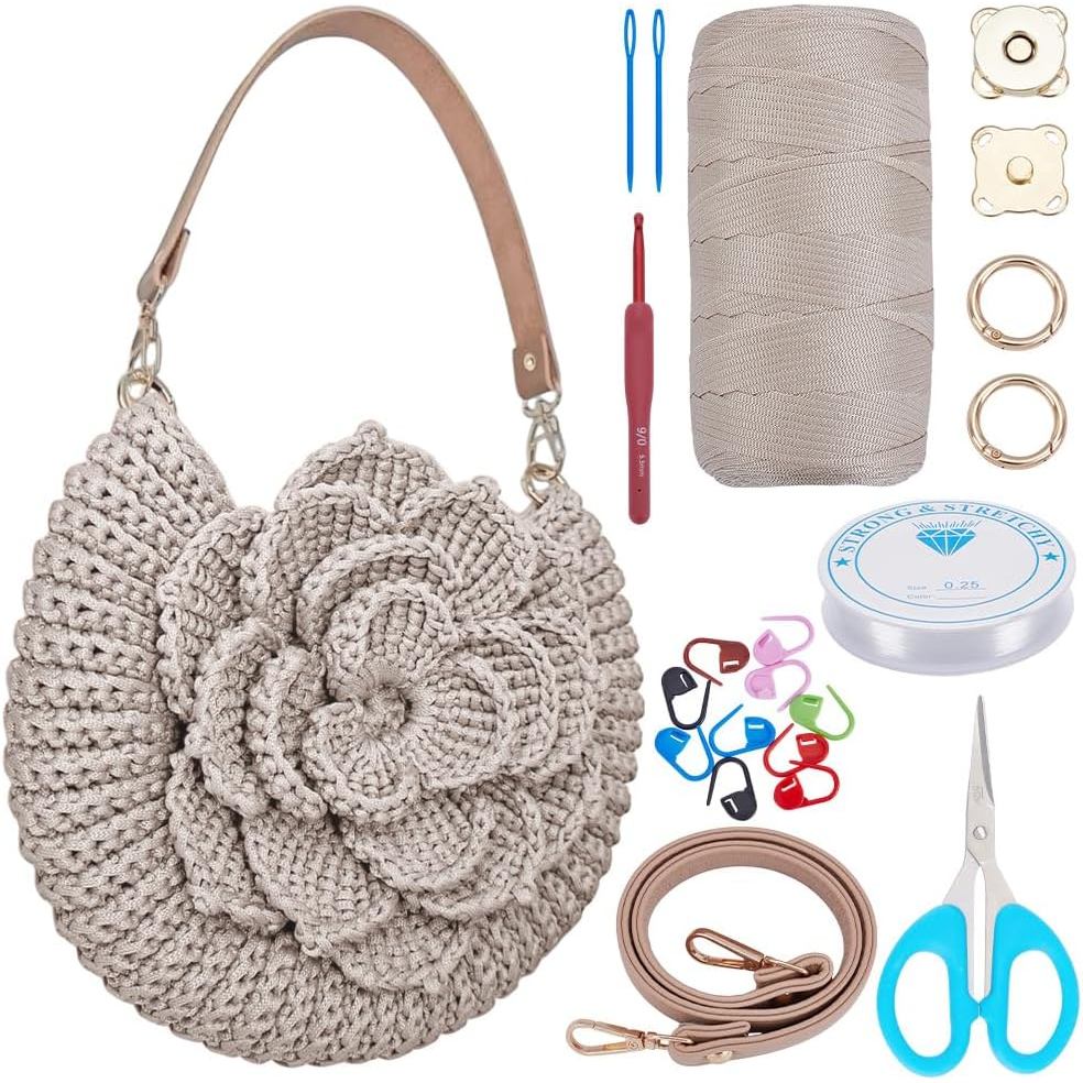 [Color of Additions Is Random]1 Set of Crochet Bag Kit for Beginners, Including a Crochet Tote Bag Kit And a Starter Kit with Step-By-Step Video Tutorials for Making a Flower Crochet Knitted Bag, Suitable for Adult Craft Projects