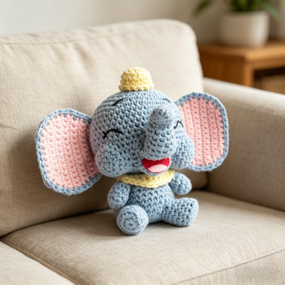 1pc Cute Dumbo Elephant Crochet Kit for Beginners, Complete Amigurumi Animal Doll Plush Craft Set with All Materials & Step-by-Step Instructions, Handmade Knitted Blue Elephant with Big Ears & Hat, Perfect Gift for Kids, Home Decor-Hookcrafted