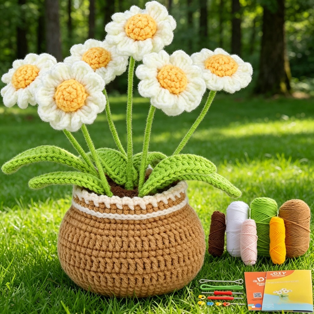 Daisy Flower Pot Crochet Kit for Beginners | DIY Amigurumi Potted Daisy Bouquet Set with Yarn, Hook & Step-by-Step Tutorial | Cute Handmade Gift for Plant Lovers