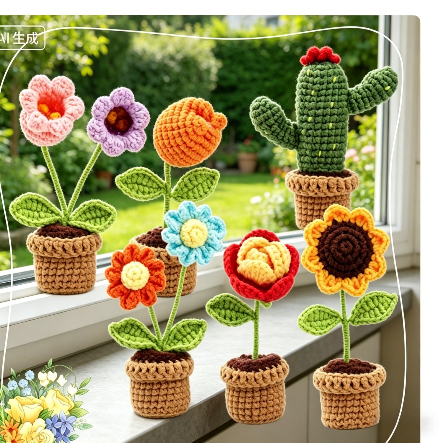 6Pcs Flower & Cactus Beginner Crochet Kit | DIY Amigurumi Potted Cactus & Flower Set with Yarn, Hook & Step-by-Step Tutorial | Cute Handmade Gift for Plant Lovers