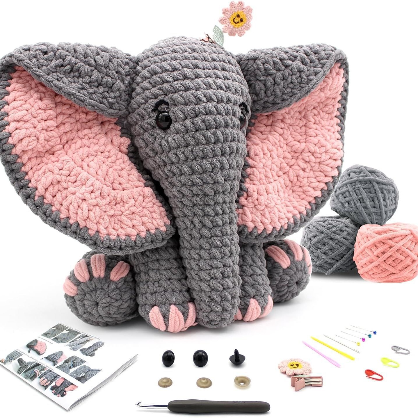 CODGP Beginner Crochet Kit – 33cm Elephant Amigurumi Set | Complete DIY Crochet Starter Kit with Yarn, Hooks & Step-by-Step Video Tutorial | Perfect Gift for Adults & Kids