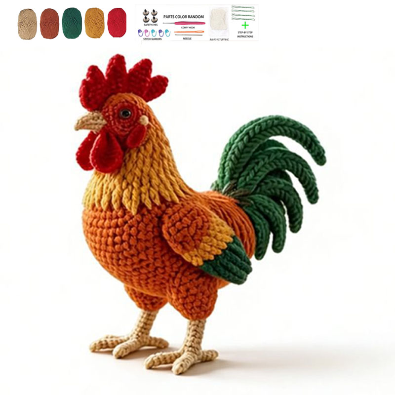 Crochet Kit for Beginners, DIY Rooster Amigurumi Crochet Kit with Step-by-Step Instructions, Complete Starter Kit with Yarn, Hooks & Accessories for Adults Kids, Handmade Craft Gift