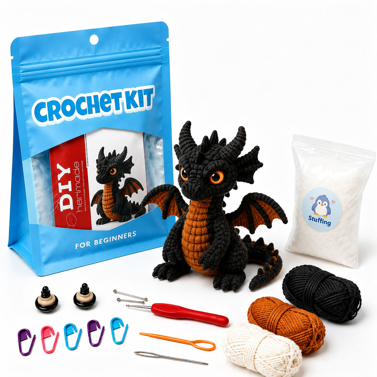 Black Dragon Crochet Plush Kit for Beginners | DIY Amigurumi Stuffed Animal Set with Yarn, Hook & Step-by-Step Tutorial | Cool Handmade Gift for Fantasy Lovers