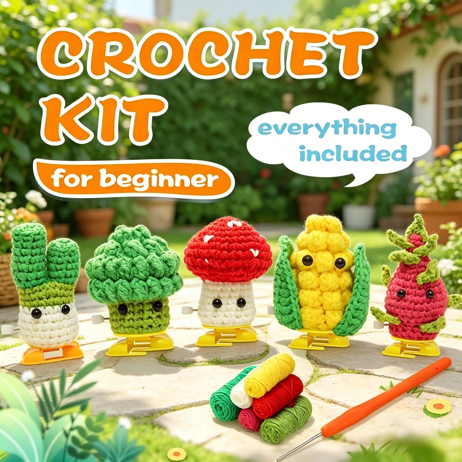 5Pcs Walking Base Succulent Plants Beginner Crochet Kit | DIY Amigurumi Wind-Up Toy Set with Yarn, Hook & Step-by-Step Tutorial | Cute Handmade Gift for Kids & Craft Lovers