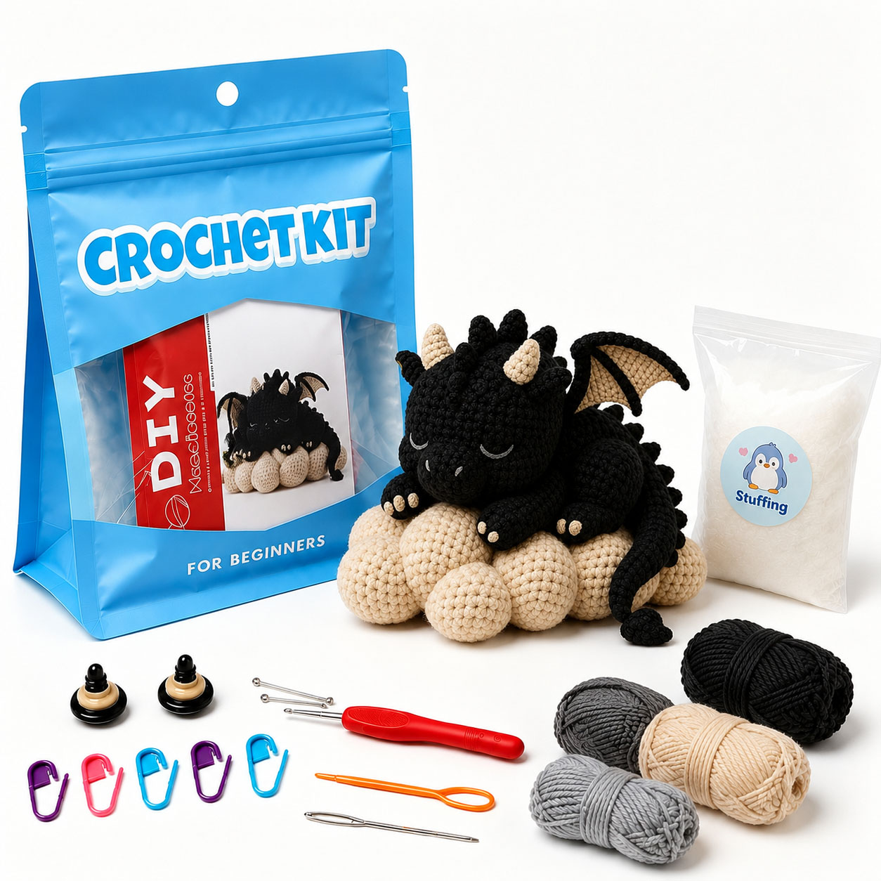 Crochet Kit for Beginners, DIY Black Dragon Amigurumi Crochet Kit with Step-by-Step Instructions, Complete Starter Kit with Yarn, Hooks & Accessories for Adults Kids, Handmade Craft Gift