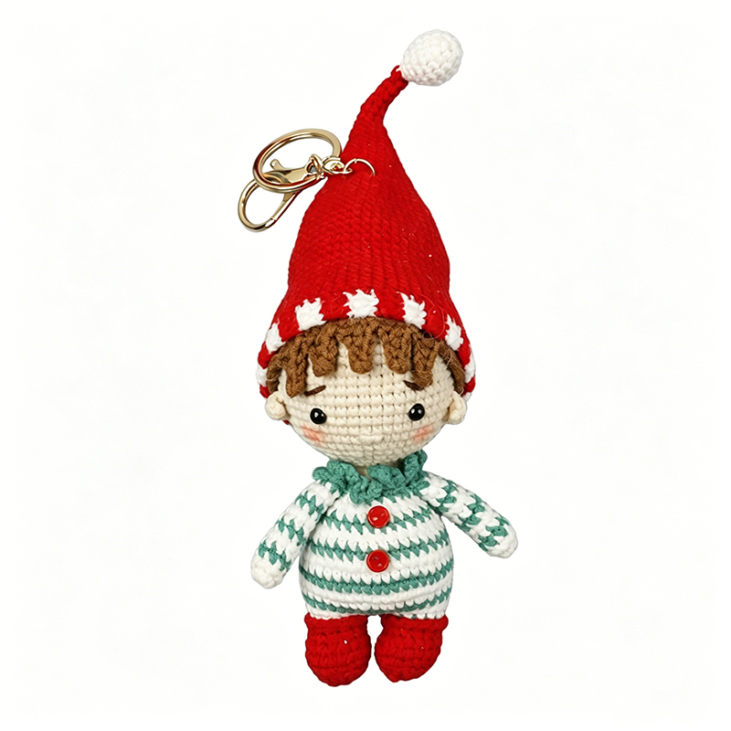 Handmade Crochet Elf Boy Keychain, Cute Knitted Gnome Doll Pendant, Christmas Holiday Decor Charm, Unique Handcrafted Gift for Kids Women Bag Backpack Keyring