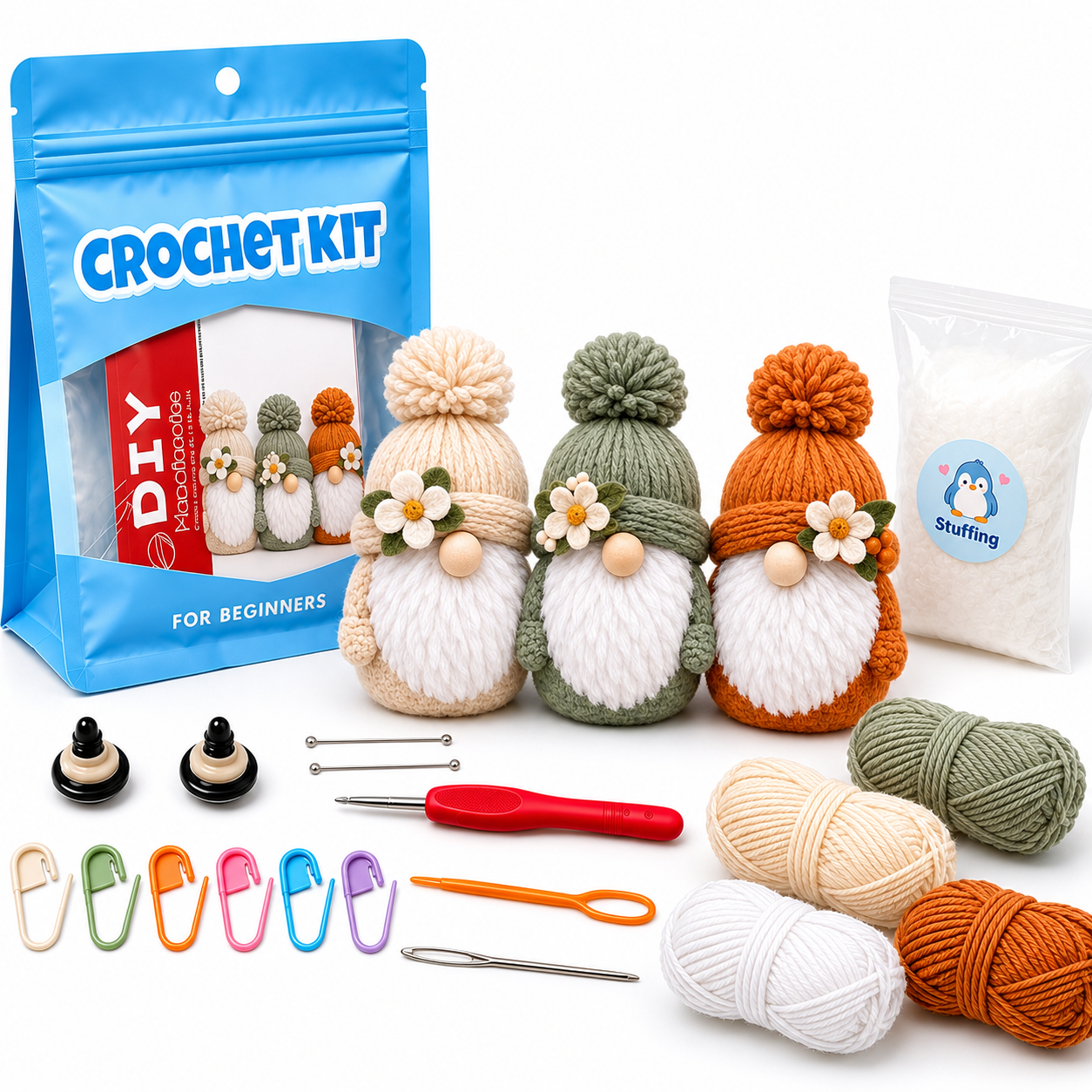 Spring Gnome Crochet Kit for Beginners, 3PCS Faceless Gnome Amigurumi DIY Crochet Kit with Yarn, Hooks & Step-by-Step Instructions, Complete Starter Craft Kit for Adults, Cute Handmade Decor Gift-Hookcrafted