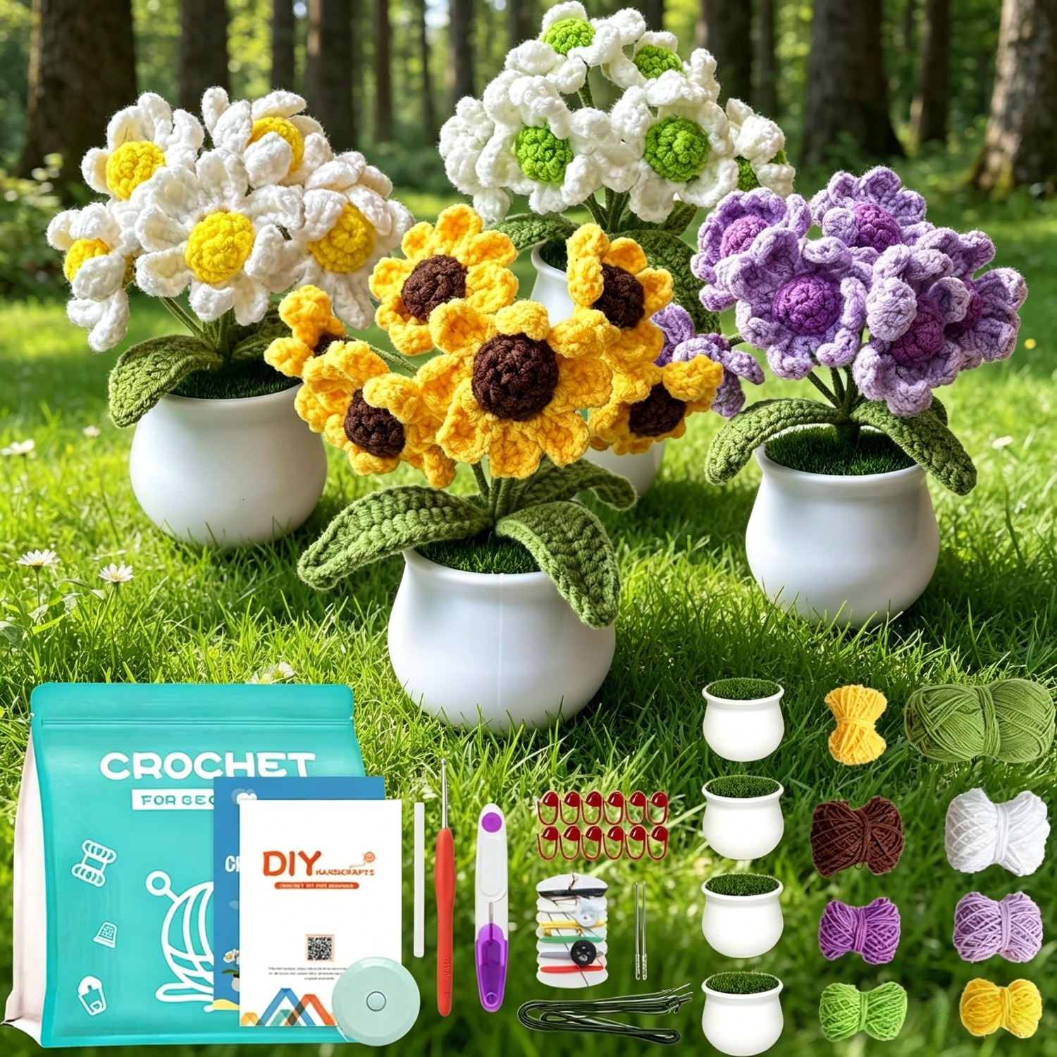 Flower Crochet Kit for Beginners | DIY Daisy Amigurumi Set with Yarn, Hook & Step-by-Step Video Tutorial | 4PCS Cute Flower Series Hookcrafted