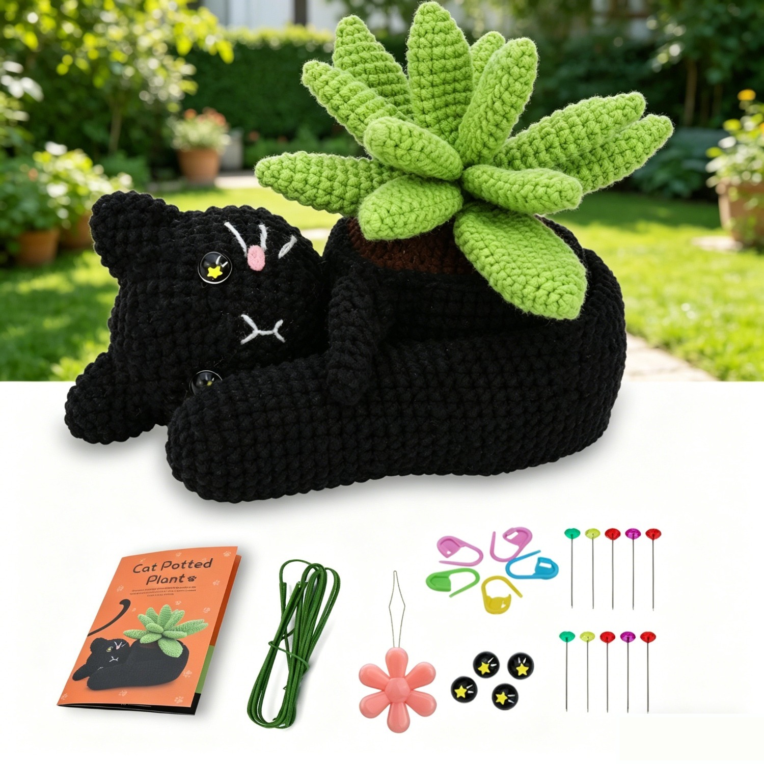 Black Cat Planter Crochet Kit for Beginners | DIY Amigurumi Cat-Shaped Succulent Pot Set with Yarn, Hook & Step-by-Step Tutorial | Cute Handmade Gift for Plant & Cat Lovers