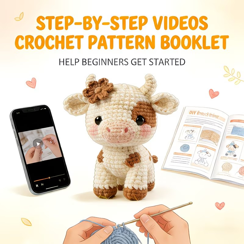 DIY Amigurumi Crochet Kit for Beginners - Make Your Own Cute Cow Doll with Yarn, Hook & English Instructions. Perfect for Keychains, Car Decor, and Handmade Gifts for Birthdays, Valentine's, and Mother's Day., Complete Amigurumi Crochet Kit