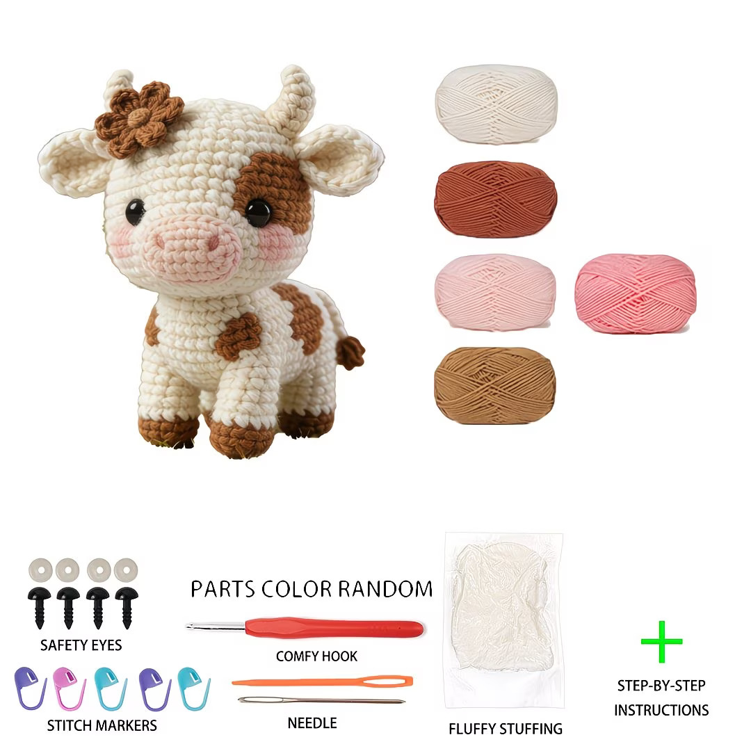 DIY Amigurumi Crochet Kit for Beginners - Make Your Own Cute Cow Doll with Yarn, Hook & English Instructions. Perfect for Keychains, Car Decor, and Handmade Gifts for Birthdays, Valentine's, and Mother's Day., Complete Amigurumi Crochet Kit