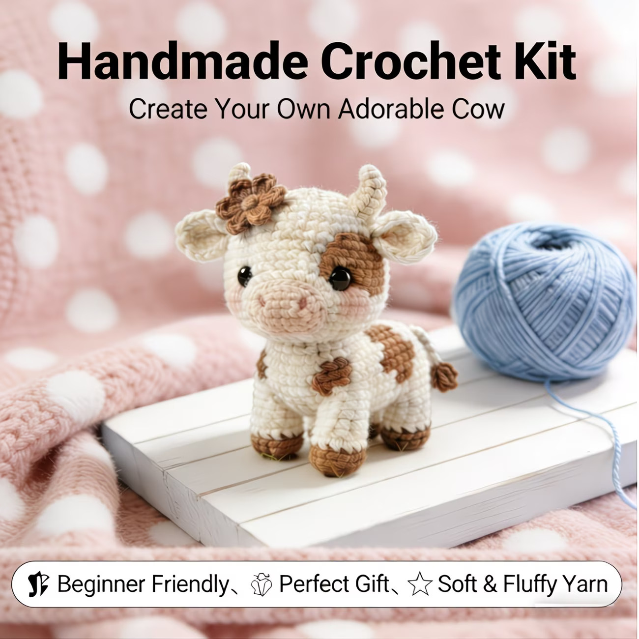 DIY Amigurumi Crochet Kit for Beginners - Make Your Own Cute Cow Doll with Yarn, Hook & English Instructions. Perfect for Keychains, Car Decor, and Handmade Gifts for Birthdays, Valentine's, and Mother's Day., Complete Amigurumi Crochet Kit