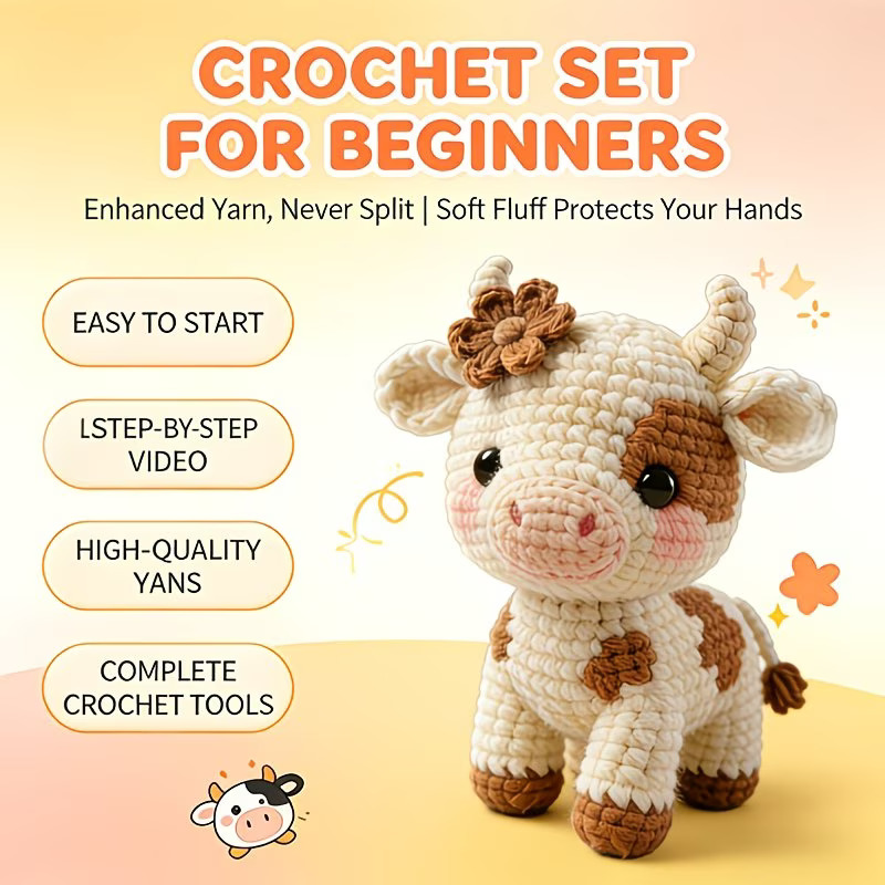 DIY Amigurumi Crochet Kit for Beginners - Make Your Own Cute Cow Doll with Yarn, Hook & English Instructions. Perfect for Keychains, Car Decor, and Handmade Gifts for Birthdays, Valentine's, and Mother's Day., Complete Amigurumi Crochet Kit
