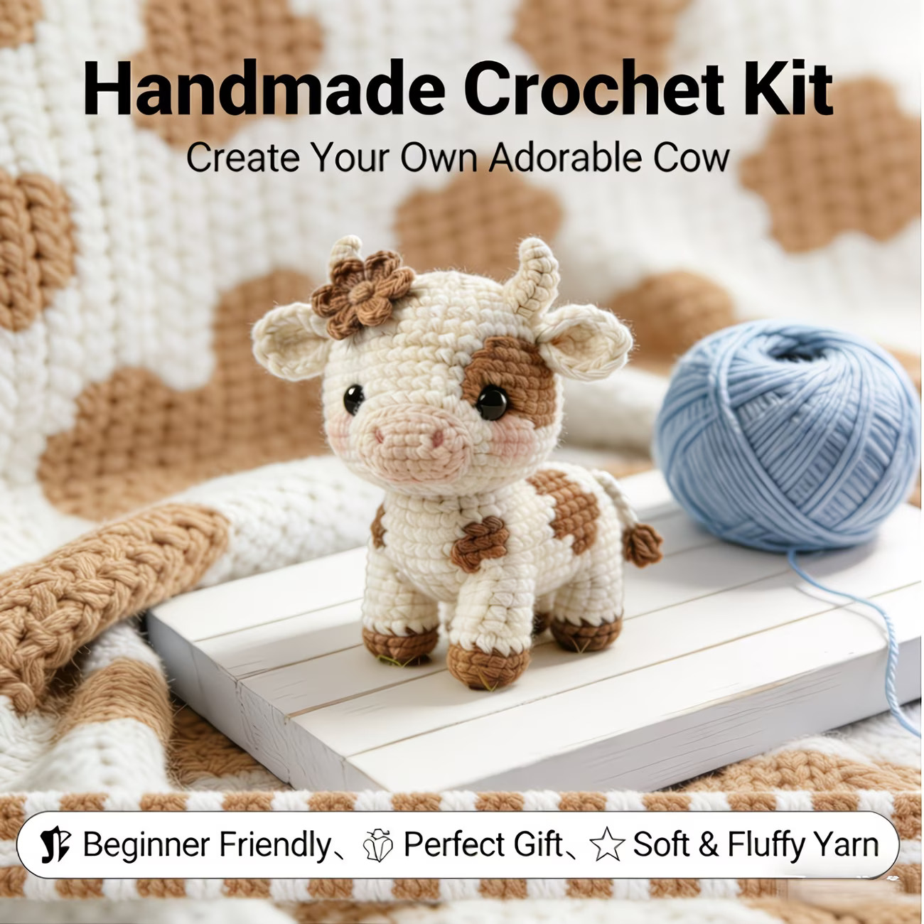 DIY Amigurumi Crochet Kit for Beginners - Make Your Own Cute Cow Doll with Yarn, Hook & English Instructions. Perfect for Keychains, Car Decor, and Handmade Gifts for Birthdays, Valentine's, and Mother's Day., Complete Amigurumi Crochet Kit