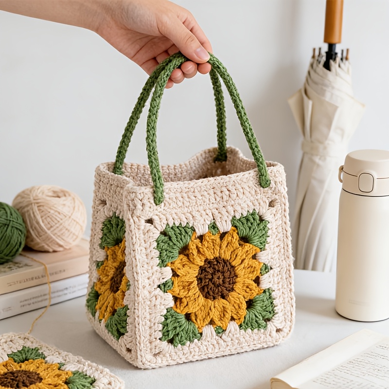 Complete DIY Crochet Sunflower Handbag Craft Kit Suitable for Women's Handmade Making with Yarn, Hook & Buttons - - Crochet Book/Video Tutorial Guide, English Instructions for Adult Beginners, Birthday Gift (No Finished Product)