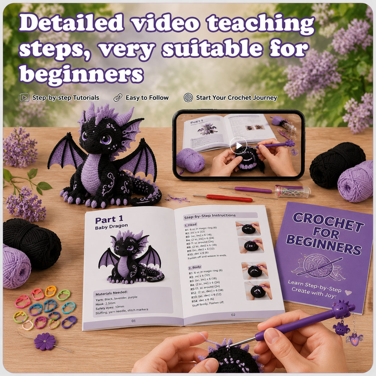 Crochet Kit for Beginners, DIY Purple Dragon Amigurumi Crochet Kit with Step-by-Step Instructions, Complete Starter Kit with Yarn, Hooks & Accessories for Adults Kids, Handmade Craft Gift