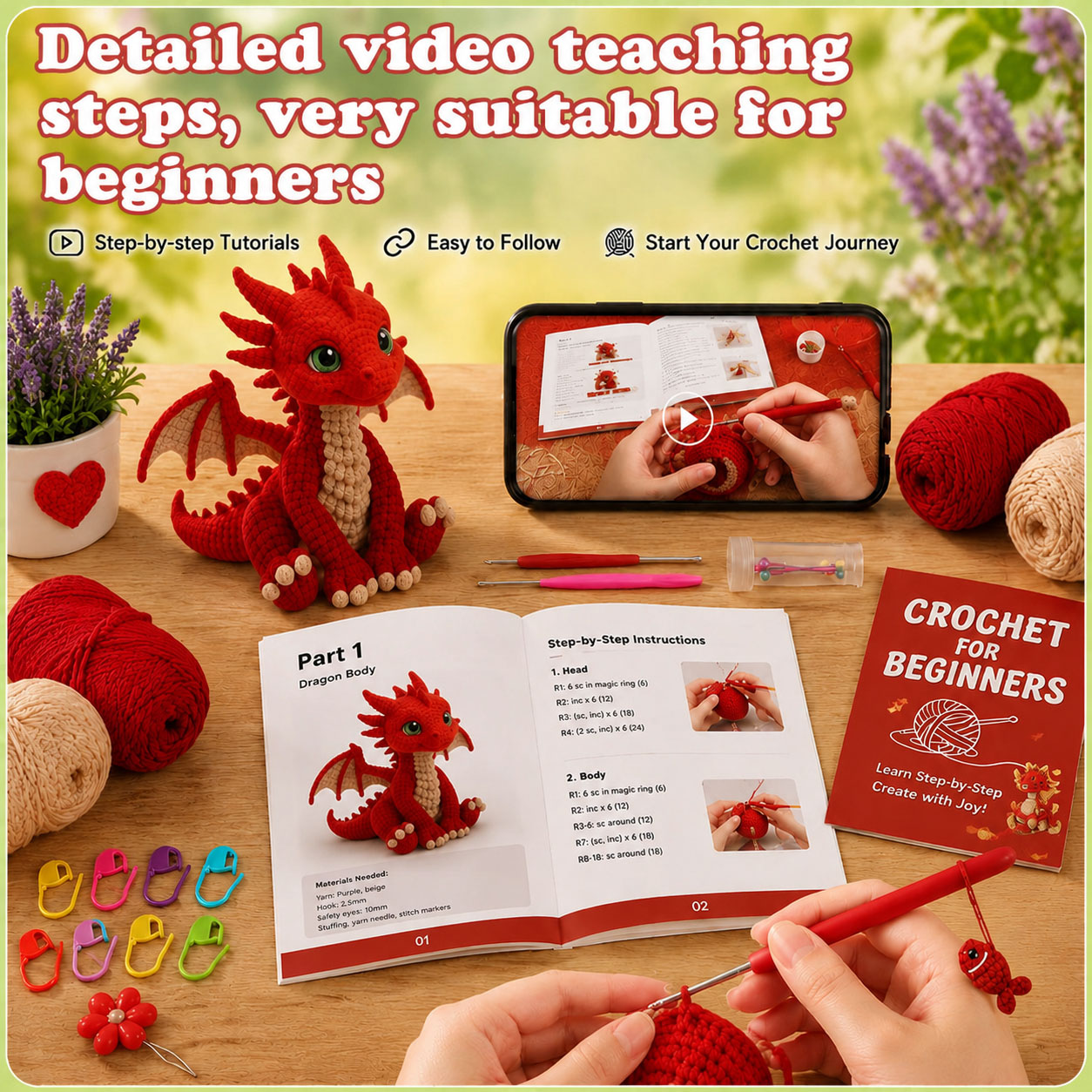 Crochet Kit for Beginners, DIY Cute Red Dragon Amigurumi Crochet Kit with Step-by-Step Instructions, Complete Starter Kit with Yarn, Hooks & Accessories for Adults Kids, Handmade Craft Gift