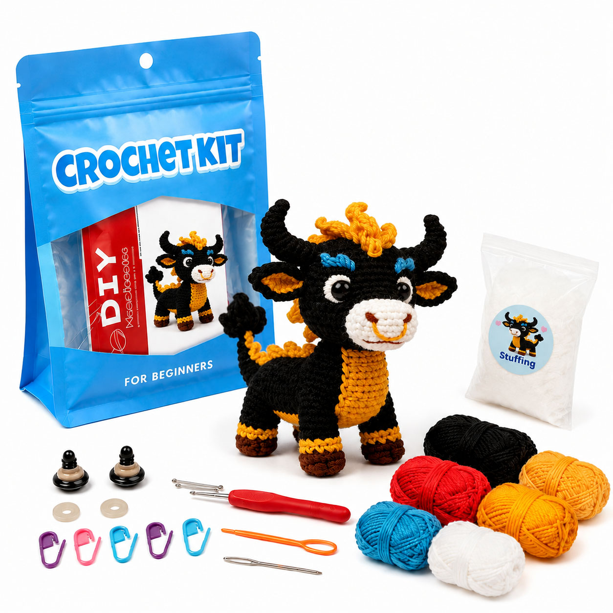 Crochet Kit for Beginners, DIY Bull Amigurumi Crochet Kit with Step-by-Step Instructions, Complete Starter Kit with Yarn, Hooks & Accessories for Adults Kids, Handmade Craft Gift