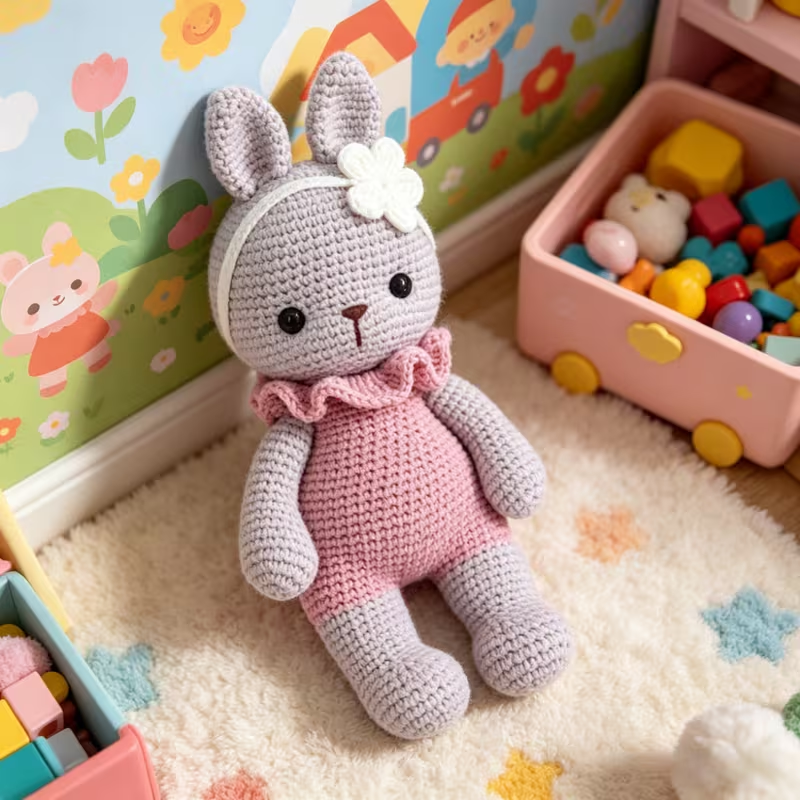 1pc Cute Bunny Crochet Kit for Beginners, Complete Amigurumi Rabbit Plush Doll Craft Set with All Materials, Yarn, Tools & Step-by-Step Instructions, Handmade Knitted Bunny with Flower Headband, Perfect Gift for Kids, Rabbit Lovers, Home Decor