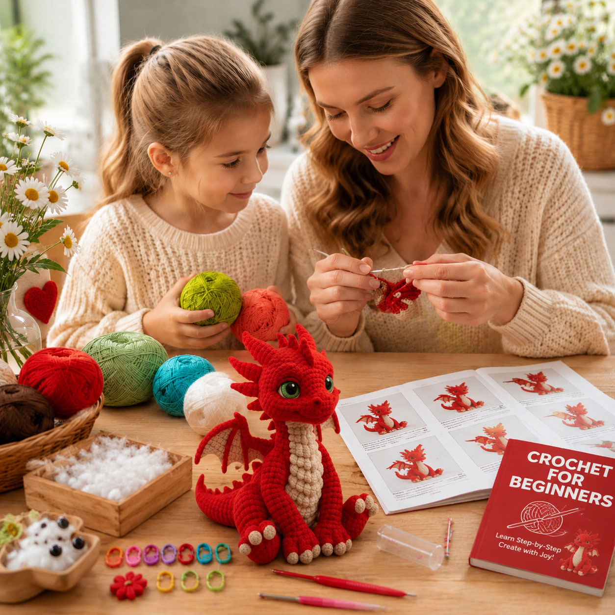 Crochet Kit for Beginners, DIY Cute Red Dragon Amigurumi Crochet Kit with Step-by-Step Instructions, Complete Starter Kit with Yarn, Hooks & Accessories for Adults Kids, Handmade Craft Gift