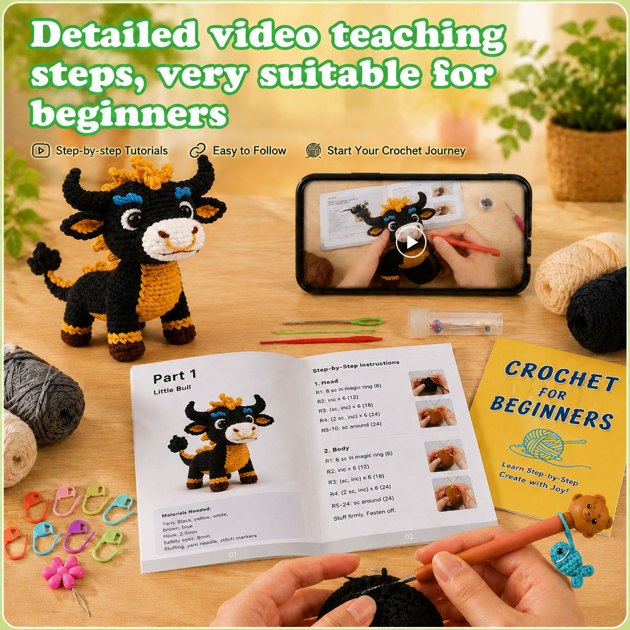 Crochet Kit for Beginners, DIY Bull Amigurumi Crochet Kit with Step-by-Step Instructions, Complete Starter Kit with Yarn, Hooks & Accessories for Adults Kids, Handmade Craft Gift