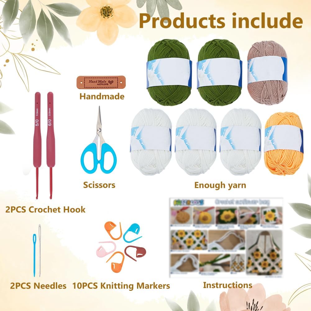 Crochet Sunflower Tote Bag Kit Beginners Crochet Kit for Adults with Step-by-Step Video Tutorials Knitting Handbag Set