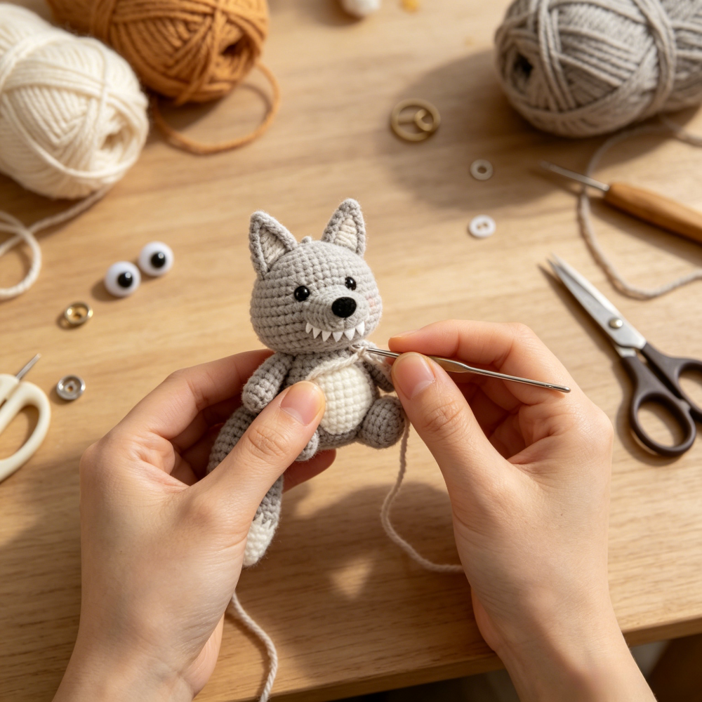 Beginner Friendly Wolf Keychain Crochet Kit, Cute Mini Wolf Amigurumi Crochet Starter Kit with Yarn, Hook, Needle & Accessories, Complete DIY Craft Set with Tutorial for Adults & Kids, Perfect Bag Charm & Handmade Gift