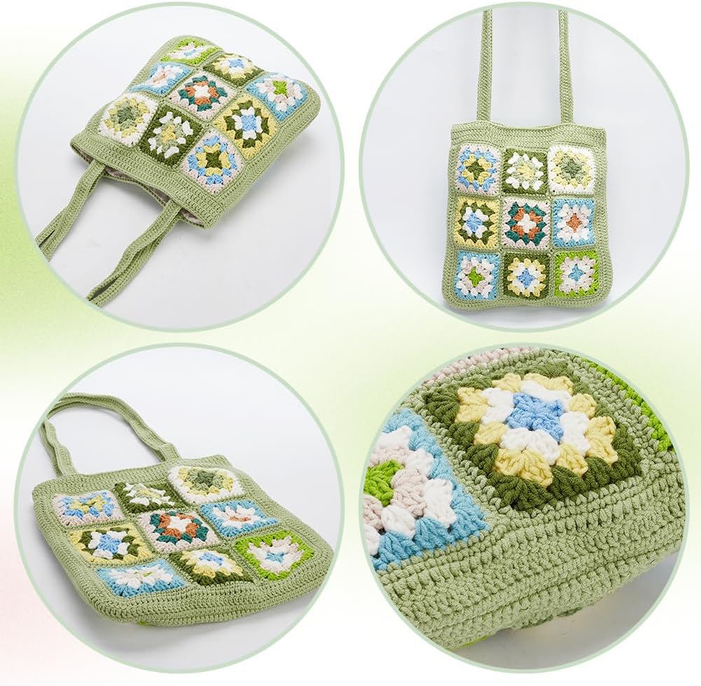 DIY Crochet Tote Bag Kit for Adults, Green Granny Square Shoulder Bag Set for Starter, Complete Accessories Tools to Make a Bag with Instruction and Video-Hookcrafted