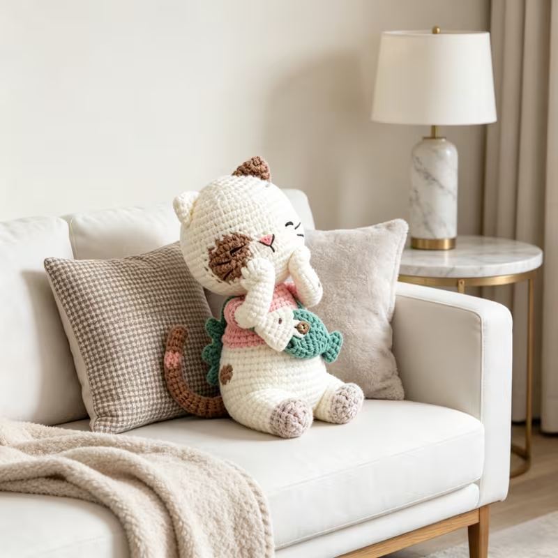1pc Complete DIY Crochet Amigurumi Kitten Plush Doll Kit Suitable for Beginners with Yarn, Tools & Tutorial - Handmade Cat with Fish Craft, Yarn & Hooked Crochet Project for Adults, Kids, Cat Lovers Gift, Home Decor, Easy Fun Project