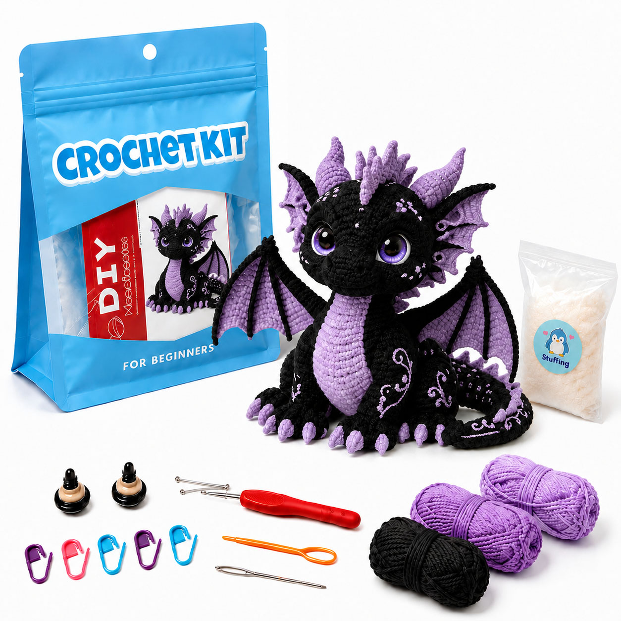 Crochet Kit for Beginners, DIY Purple Dragon Amigurumi Crochet Kit with Step-by-Step Instructions, Complete Starter Kit with Yarn, Hooks & Accessories for Adults Kids, Handmade Craft Gift