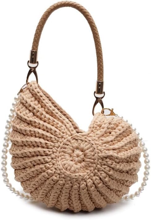 Woven Shell Shaped Crossbody Bag for Women, Boho Beach Purse with Pearl Strap and Top Handle