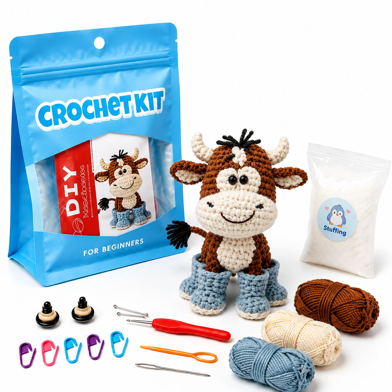 Crochet Kit for Beginners, DIY Cute Bull Amigurumi Crochet Kit with Step-by-Step Instructions, Complete Starter Kit with Yarn, Hooks & Accessories for Adults Kids, Handmade Craft Gift