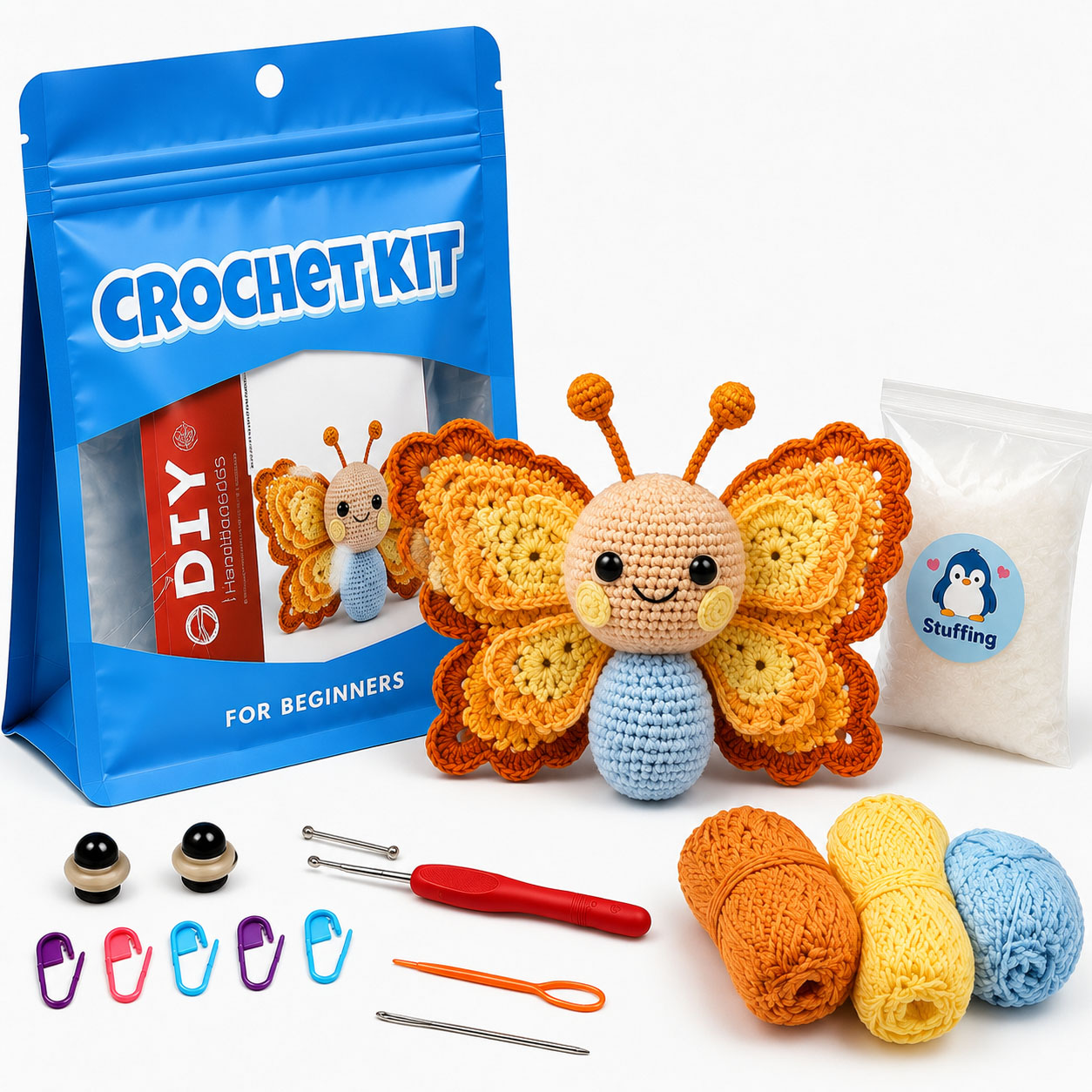Crochet Kit for Beginners, DIY Cute Butterfly Amigurumi Crochet Kit with Step-by-Step Instructions, Complete Starter Kit with Yarn, Hooks & Accessories for Adults Kids, Handmade Craft Gift