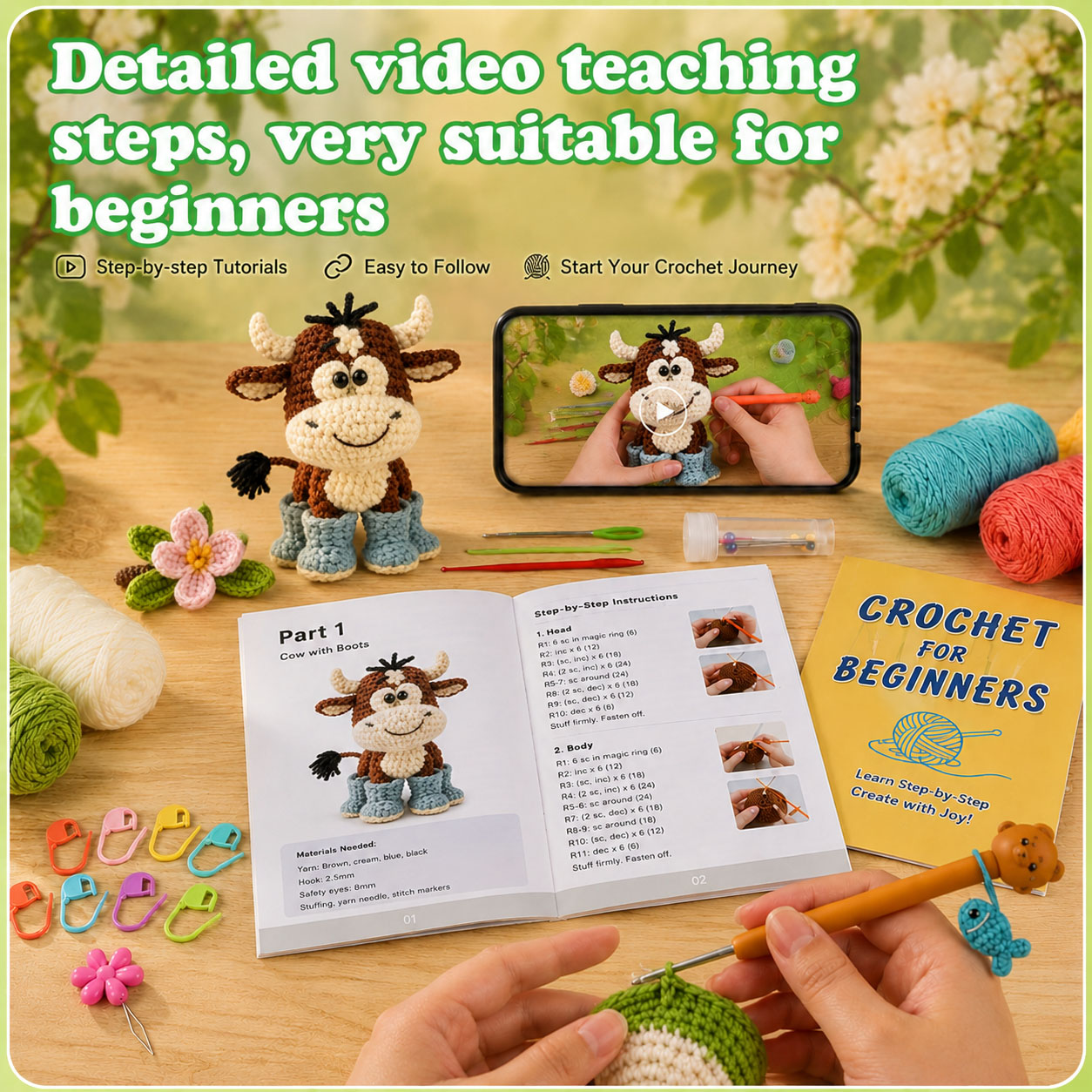 Crochet Kit for Beginners, DIY Cute Bull Amigurumi Crochet Kit with Step-by-Step Instructions, Complete Starter Kit with Yarn, Hooks & Accessories for Adults Kids, Handmade Craft Gift
