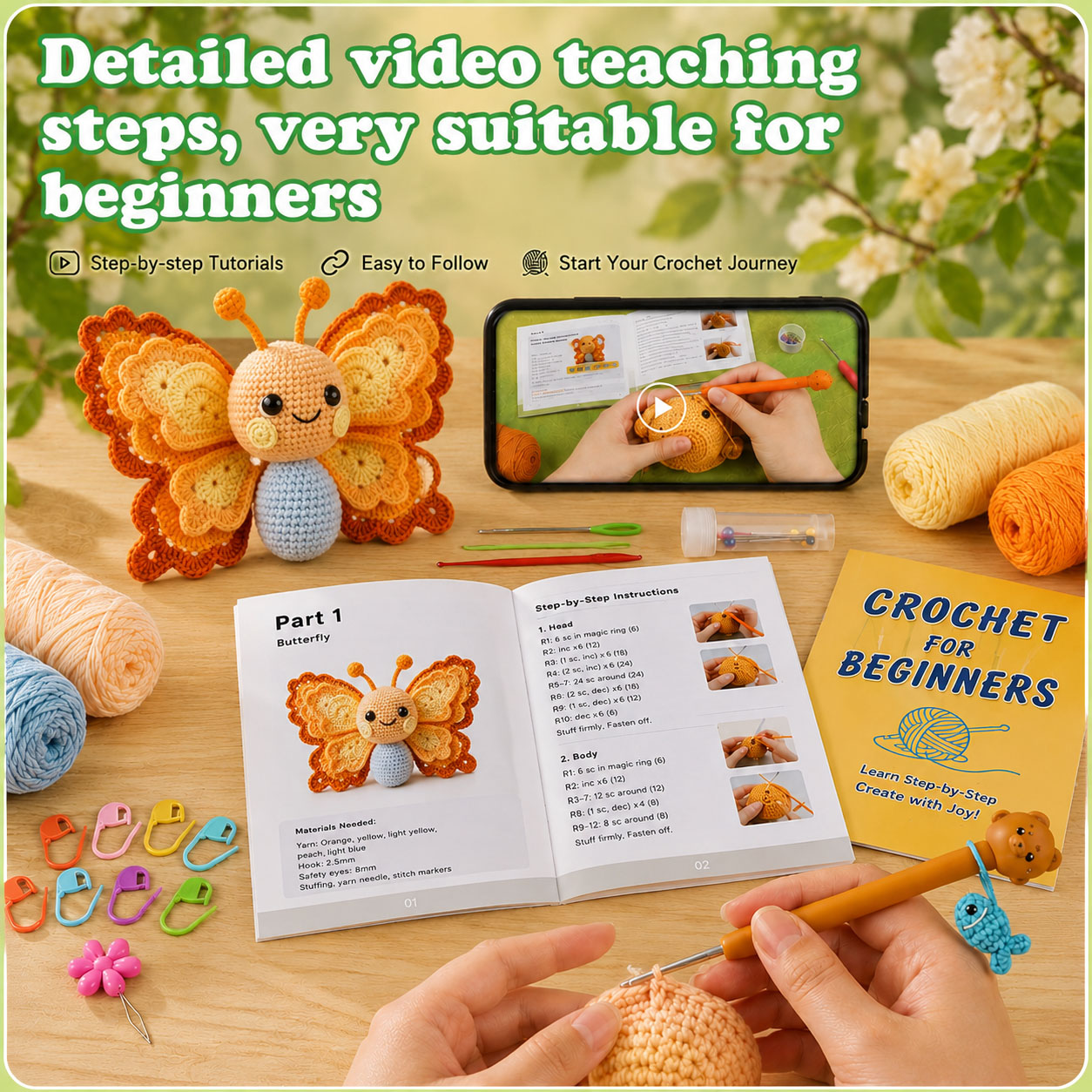 Crochet Kit for Beginners, DIY Cute Butterfly Amigurumi Crochet Kit with Step-by-Step Instructions, Complete Starter Kit with Yarn, Hooks & Accessories for Adults Kids, Handmade Craft Gift