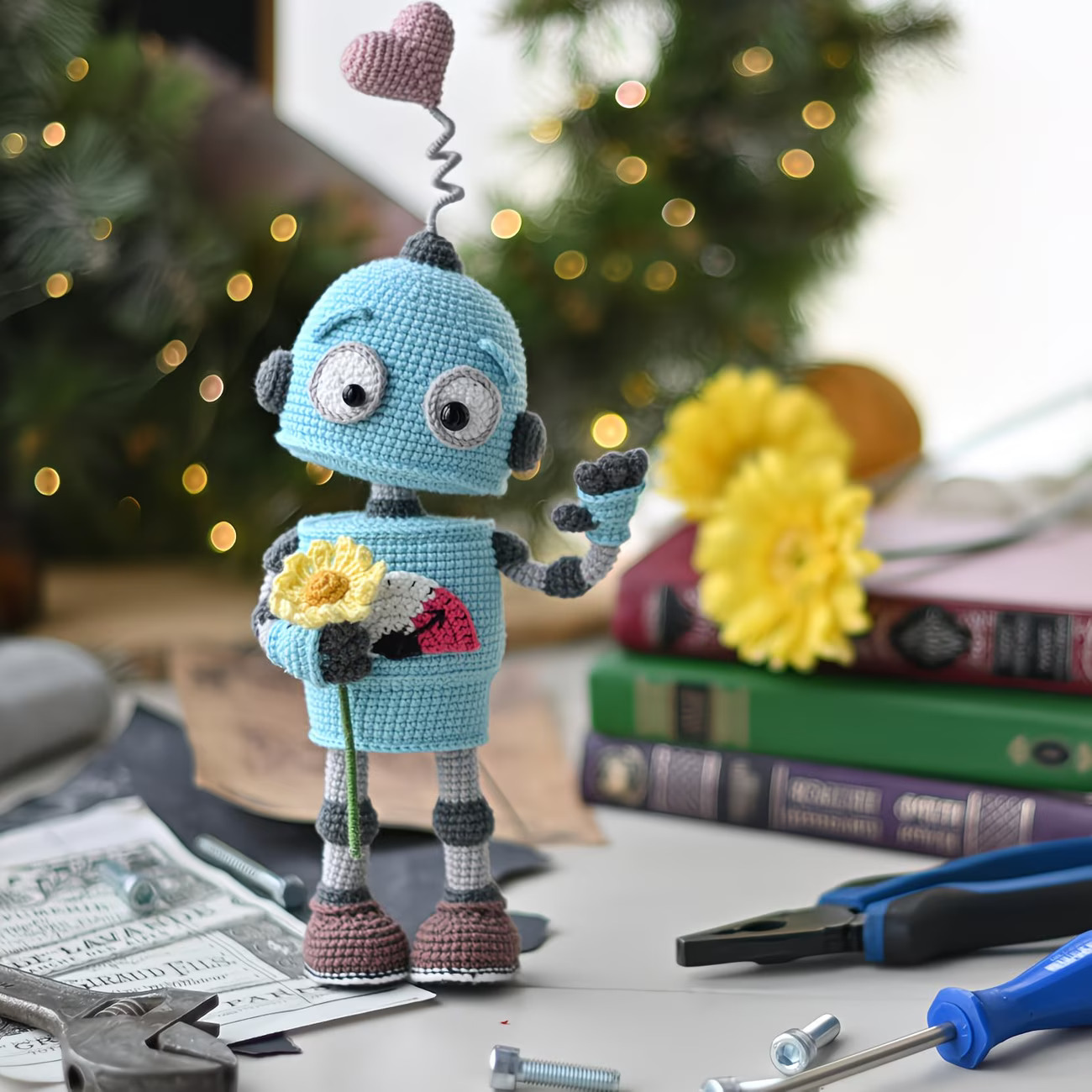 Heart Antenna Robot Crochet Kit – Beginner Amigurumi DIY Set with Yarn & Instructions for Keychains & Gifts
