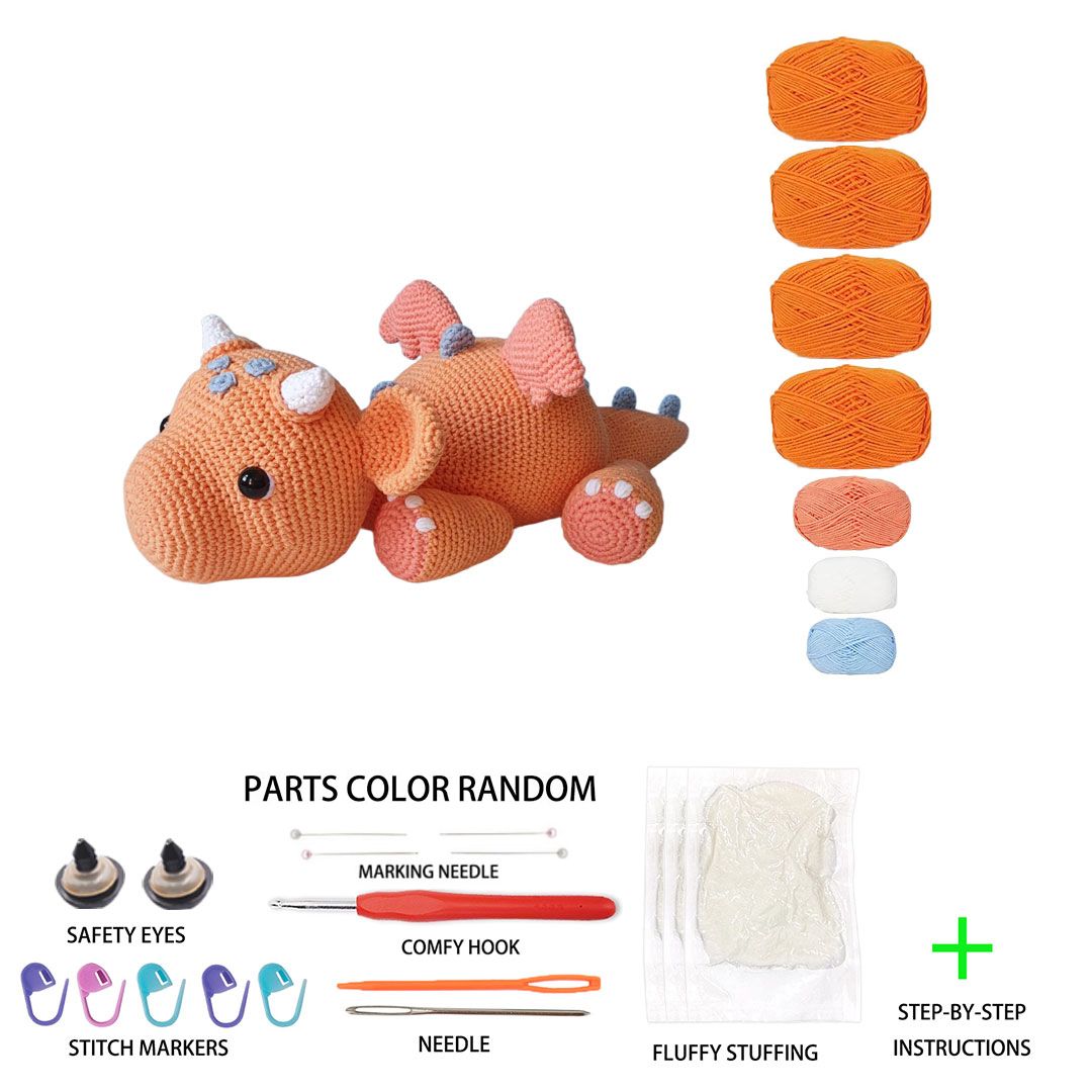 Cute Orange Dinosaur Crochet Kit, All-in-One Beginner Crochet Kit for Adults, DIY Amigurumi Dinosaur Plush Toy Craft Set with Full Tools & Tutorial, Perfect for Birthday, Valentine's Day & Holiday Gifts, Home Decoration Ornament, Accessories Color