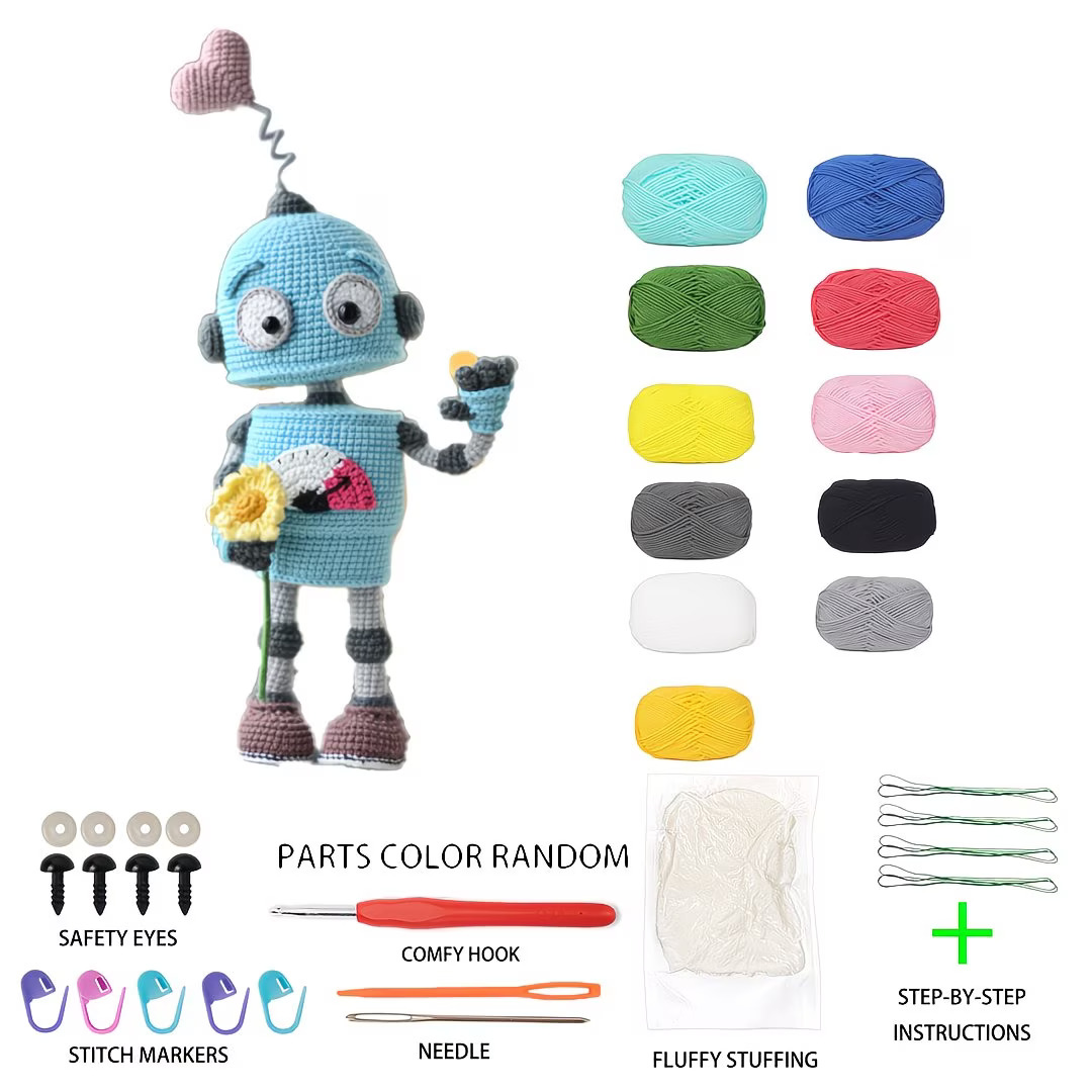 Heart Antenna Robot Crochet Kit – Beginner Amigurumi DIY Set with Yarn & Instructions for Keychains & Gifts