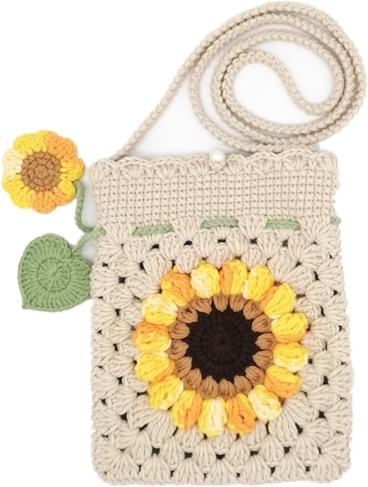 Handmade Crochet Sunflower Blossom Phone Bag Knitted Bag for Women, A-mint green