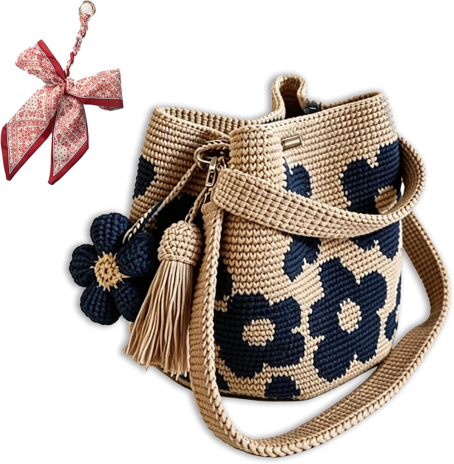 Handmade Crochet Flower Tote Knit, Summer Vacation Travel Floral Purse Bag, Boho Beach Handbags, for Women Vacation