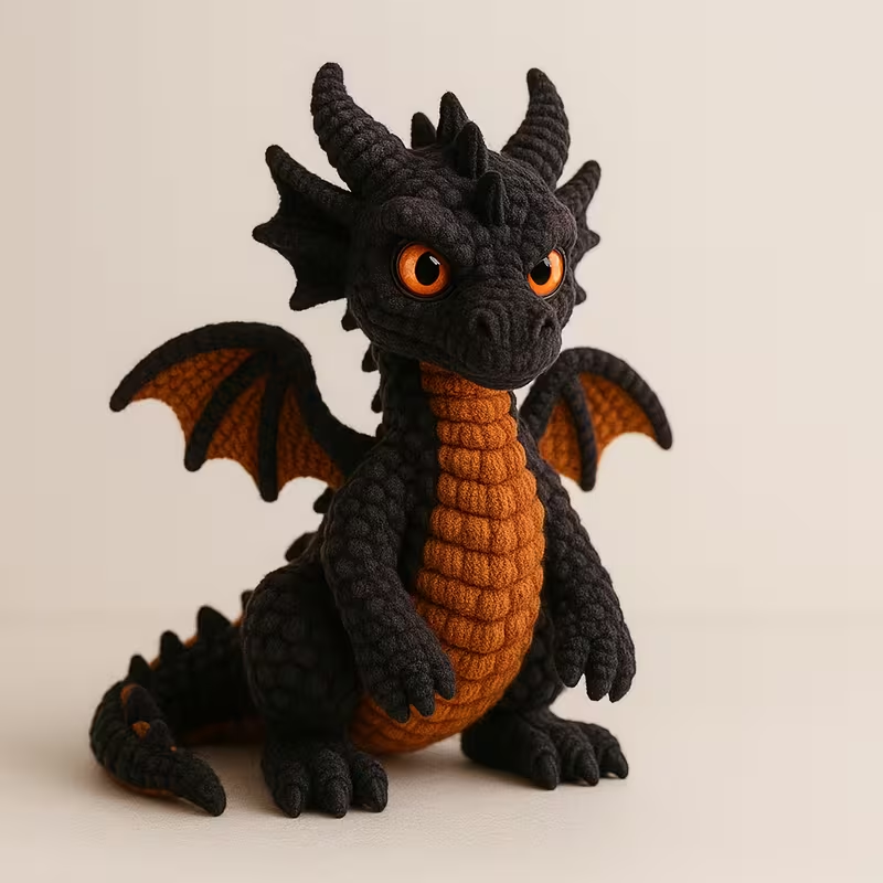 Black Dragon Crochet Plush Kit for Beginners | DIY Amigurumi Stuffed Animal Set with Yarn, Hook & Step-by-Step Tutorial | Cool Handmade Gift for Fantasy Lovers
