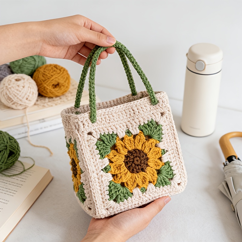 Complete DIY Crochet Sunflower Handbag Craft Kit Suitable for Women's Handmade Making with Yarn, Hook & Buttons - - Crochet Book/Video Tutorial Guide, English Instructions for Adult Beginners, Birthday Gift (No Finished Product)