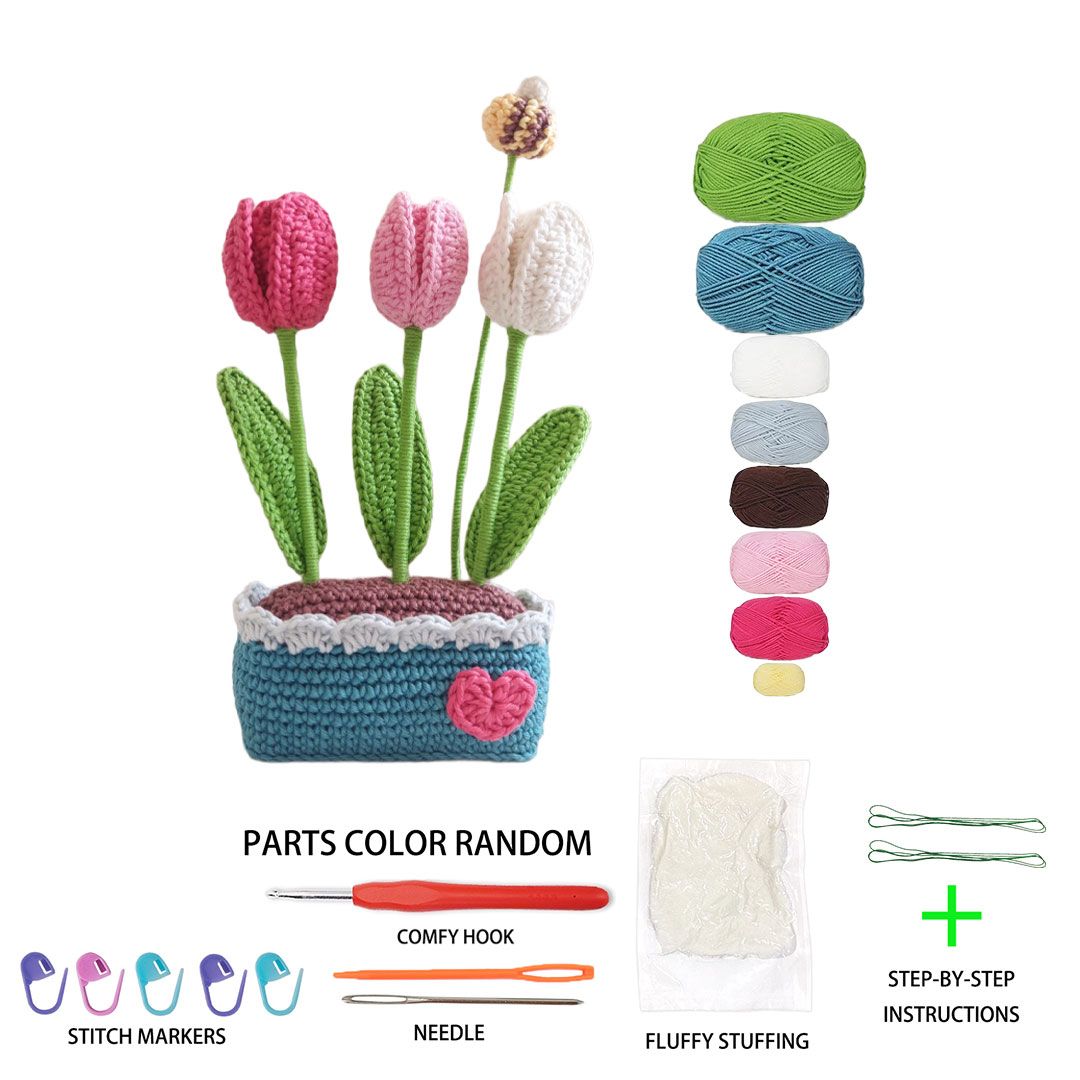 Beginner Friendly Crochet Kit, Potted Tulip Flowers Amigurumi Crochet Starter Kit with Yarn, Hook, Needle & Accessories, Complete DIY Craft Set with Tutorial for Adults & Kids, Perfect Home Decor & Handmade Gift